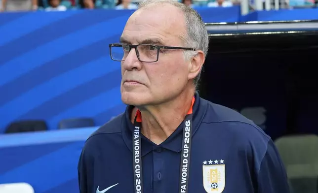 Uruguay head coach Marcelo Bielsa reacts during the World Cup Group H soccer match between Uruguay and Cape Verde in Miami Gardens, Fla., Sunday, June 21, 2026. (AP Photo/Rebecca Blackwell)