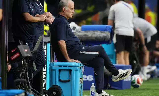 Uruguay head coach Marcelo Bielsa watches his team during a World Cup Group H soccer match against Saudi Arabia in Miami Gardens, Fla., Monday, June 15, 2026. (AP Photo/Lynne Sladky)
