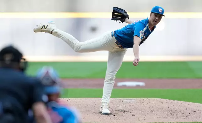 Milwaukee Brewers' Jacob Misiorowski pitches during the second inning of a baseball game against the Philadelphia Phillies, Friday, June 12, 2026, in Milwaukee. (AP Photo/Aaron Gash)