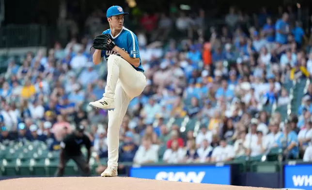 Milwaukee Brewers' Jacob Misiorowski pitches during the first inning of a baseball game against the Philadelphia Phillies, Friday, June 12, 2026, in Milwaukee. (AP Photo/Aaron Gash)