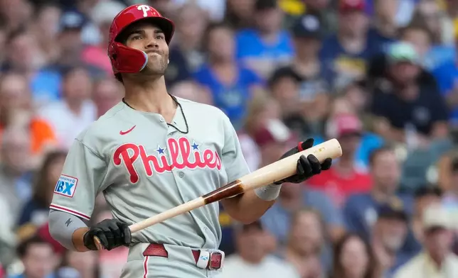 Philadelphia Phillies' Gabriel Rincones Jr. reacts after striking out during the third inning of a baseball game against the Milwaukee Brewers, Friday, June 12, 2026, in Milwaukee. (AP Photo/Aaron Gash)