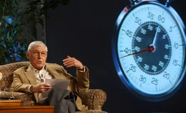 FILE - Against a backdrop of the famous "60 Minutes" stop watch, Don Hewitt, the program's creator and executive producer, reads prepared remarks to reporters during a session on "60 Minutes" during CBS' Winter Press Tour in the Hollywood section of Los Angeles, Jan. 17, 2004. (AP Photo/Rene Macura, File)
