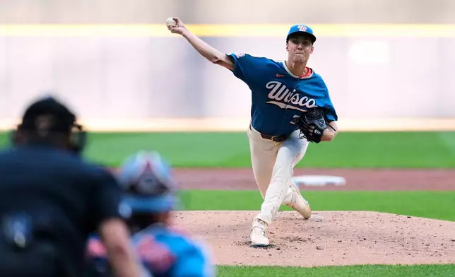 Milwaukee Brewers' Jacob Misiorowski pitches during the second inning of a baseball game against the Philadelphia Phillies, Friday, June 12, 2026, in Milwaukee. (AP Photo/Aaron Gash)