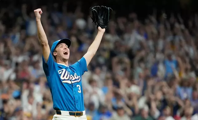 Milwaukee Brewers' Jacob Misiorowski reacts after recording the final out during the ninth inning of a baseball game against the Philadelphia Phillies, Friday, June 12, 2026, in Milwaukee. (AP Photo/Aaron Gash)