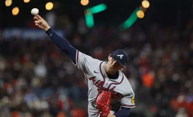 Atlanta Braves' Hurston Waldrep throws against the San Francisco Giants during the sixth inning of a baseball game in San Francisco, Friday, June 26, 2026. (AP Photo/Jed Jacobsohn)