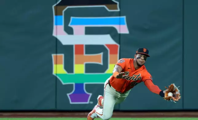 San Francisco Giants right fielder Victor Bericoto catches a ball hit by Atlanta Braves' Michael Harris II during the fifth inning of a baseball game in San Francisco, Friday, June 26, 2026. (AP Photo/Jed Jacobsohn)