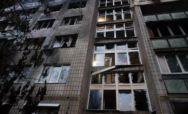 A damaged residential building is seen following an overnight Russian attack in Kyiv, Ukraine, Monday, June 15, 2026. (AP Photo/Danylo Antoniuk)