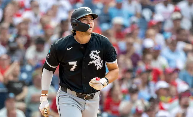 Chicago White Sox' Jacob Gonzalez watches his ball after hitting a solo home run in the third inning of a baseball game against the Philadelphia Phillies, Saturday, June 6, 2026, in Philadelphia. (AP Photo/Laurence Kesterson)