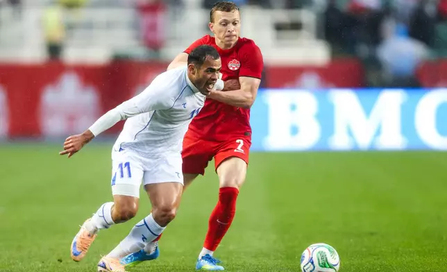Canada's Alistair Johnston (2) battles against Uzbekistan's Oston Urunov (11) during the first half of an international friendly soccer match in Edmonton, Alberta, Monday, June 1, 2026. (Codie McLachlan/The Canadian Press via AP)
