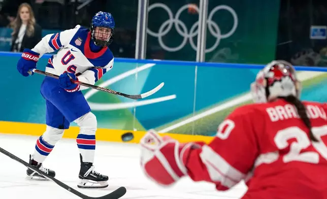 FILE - United States' Caroline Harvey shoots on goal during a preliminary round match of women's ice hockey between Switzerland and United States at the 2026 Winter Olympics in Milan, Feb. 9, 2026. (AP Photo/Hassan Ammar, File)