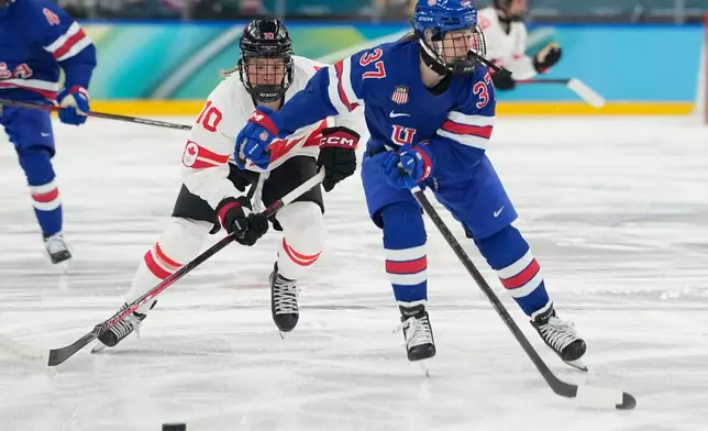 FILE - United States' Abbey Murphy (37) challenges with Canada's Sarah Fillier (10) during a women's ice hockey gold medal game between the United States and Canada at the 2026 Winter Olympics, in Milan, Italy, Feb. 19, 2026. (AP Photo/Hassan Ammar, File)