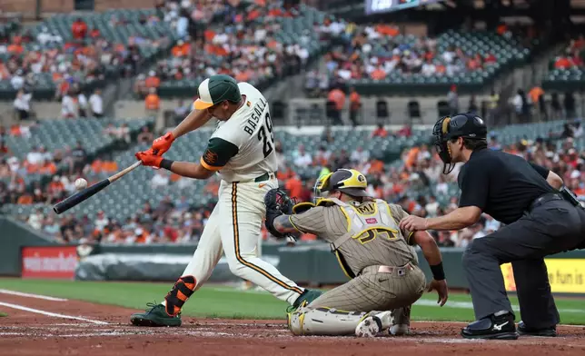 Baltimore Orioles designated hitter Samuel Basallo hits a two-run home run off San Diego Padres pitcher Griffin Canning which scored Pete Alonso during the first inning of a baseball game, Friday, June 12, 2026, in Baltimore. (AP Photo/Terrance Williams)