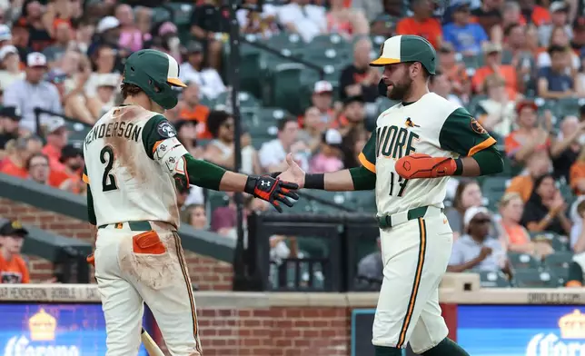 Baltimore Orioles' Colton Cowser, right, is greeted by Gunnar Henderson (2) after scoring on a sacrifice fly hit by Jackson Holliday off San Diego Padres pitcher Griffin Canning during the second inning of a baseball game, Friday, June 12, 2026, in Baltimore. (AP Photo/Terrance Williams)