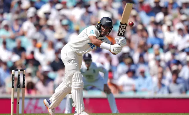 New Zealand's Rachin Ravindra bats on day three of the second cricket test between England and New Zealand, in London, Friday June 19, 2026. (Ben Whitley/PA via AP)