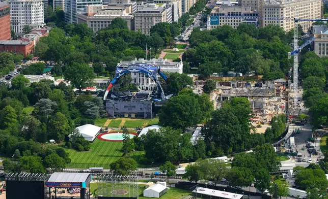 Workers continue building the stage for a future UFC fight on the South Lawn of the White House, center, Tuesday, June 9, 2026, in Washington, as work also continues on the construction of the ballroom, right. (AP Photo/Cliff Owen)