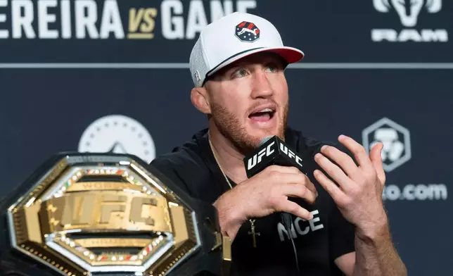 UFC lightweight fighter Justin Gaethje speaks to reporters during the UFC Freedom 250 media day, Wednesday, June 10, 2026, in Washington. (AP Photo/Manuel Balce Ceneta)