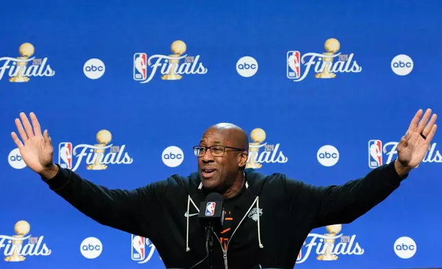 New York Knicks head coach Mike Brown speaks during a news conference prior to Game 5 of the NBA Finals basketball series against the San Antonio Spurs, Friday, June 12, 2026, in San Antonio. (AP Photo/Ross D. Franklin)