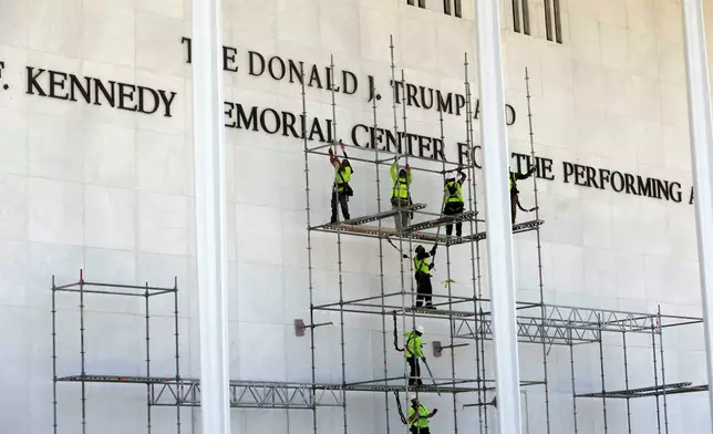Workers construct scaffolding below the John F. Kennedy Center for the Performing Arts sign Friday, June 12, 2026, in Washington. (AP Photo/Rahmat Gul)