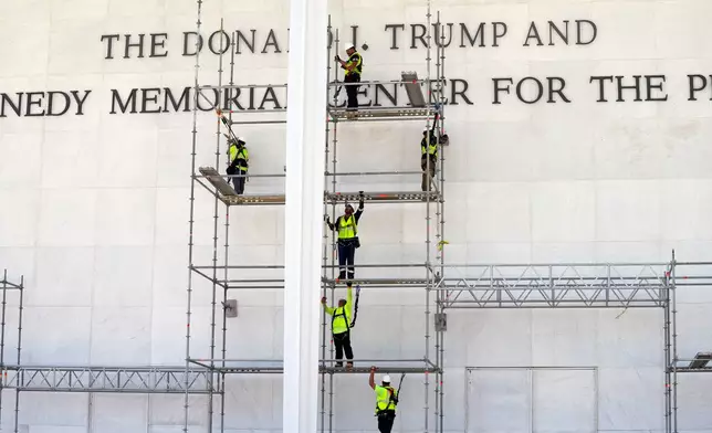 Workers erect scaffolding in front of the John F. Kennedy Center for the Performing Arts sign in Washington, Friday, June 12, 2026. (AP Photo/Cliff Owen)