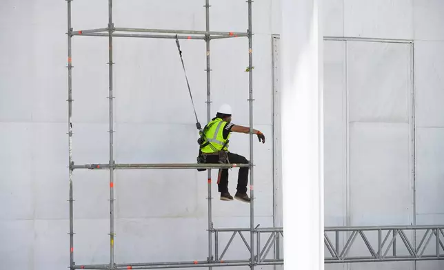 A worker sits on scaffolding at the John F. Kennedy Center for the Performing Arts in Washington, Friday, June 12, 2026. (AP Photo/Cliff Owen)