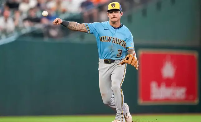 Milwaukee Brewers shortstop Joey Ortiz throws out Houston Astros' Nick Allen during the eighth inning of a baseball game, Sunday, May 31, 2026, in Houston. (AP Photo/Eric Christian Smith)