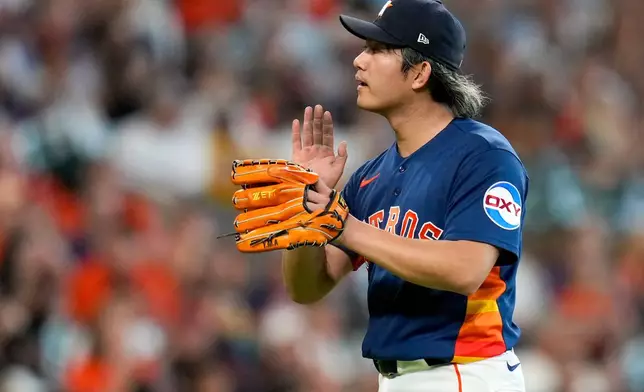 Houston Astros starting pitcher Tatsuya Imai reacts after the final out of the sixth inning of a baseball game against the Milwaukee Brewers, Sunday, May 31, 2026, in Houston. (AP Photo/Eric Christian Smith)