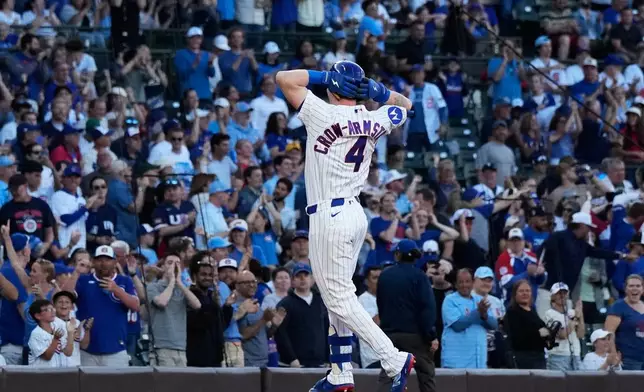 Chicago Cubs' Pete Crow-Armstrong reacts as he rounds the bases after hitting a solo home run during the first inning of a baseball game against the Colorado Rockies in Chicago, Monday, June 15, 2026. (AP Photo/Nam Y. Huh)