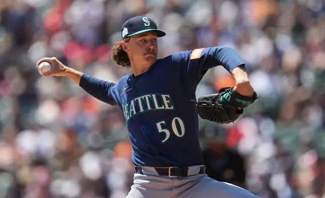 Seattle Mariners pitcher Bryce Miller throws against the Detroit Tigers during the first inning of a baseball game Saturday, June 6, 2026, in Detroit. (AP Photo/Paul Sancya)