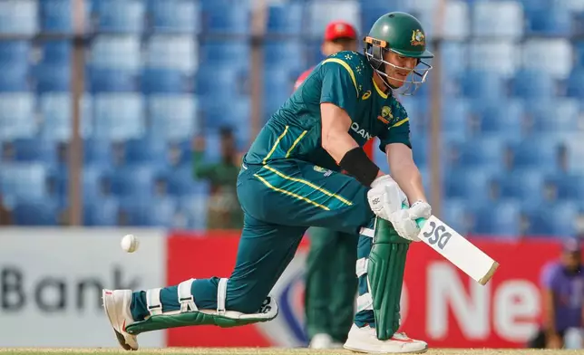 Australia's Matt Renshaw plays a shot during the third T20 international cricket match between Australia and Bangladesh, in Chattogram, Bangladesh, Sunday, June 21, 2026. (AP Photo/Mosaraf Hossain)