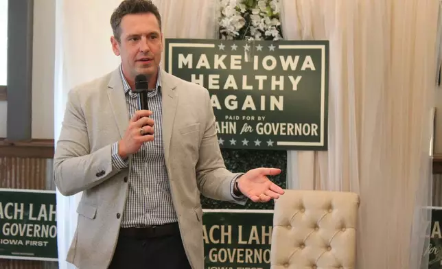 Zach Lahn, Republican candidate for Iowa governor, speaks during a campaign event Thursday, May 28, 2026, in Newton, Iowa. (Erin Murphy/The Gazette via AP)
