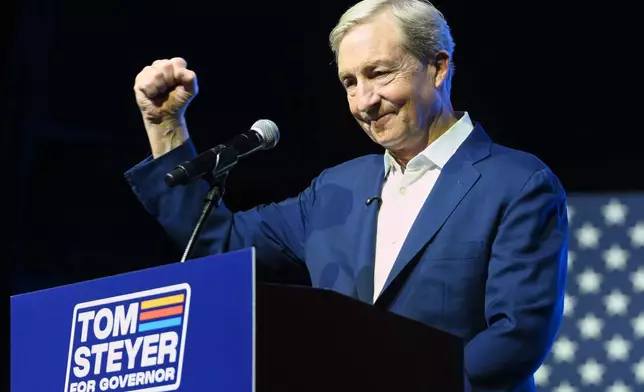 California gubernatorial candidate Tom Steyer speaks during an election night event Tuesday, June 2, 2026, in San Francisco. (AP Photo/Noah Berger)