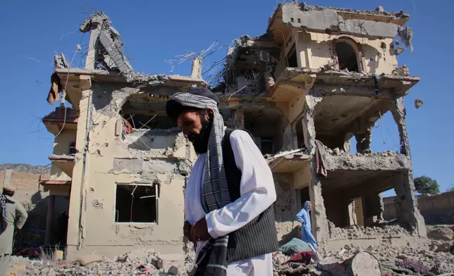 Residents walk through the rubble after what Taliban officials said were Pakistani airstrikes a day earlier that killed civilians, including children, in the village of Mandokhail, Chamkani district, Paktia province, Afghanistan, Monday, June 29, 2026. (AP Photo/Saifullah Zahir)