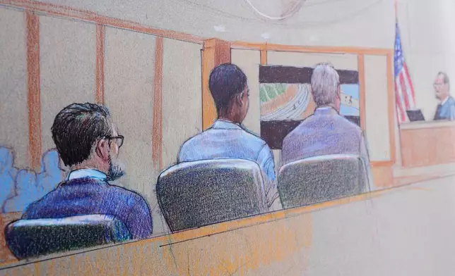 A courtroom sketch, provided by Pat Lopez shows Karmelo Anthony, center, at the defense table, the jury on the left and the presiding judge on the right, on Thursday, June 4, 2026, in McKinney, Texas, during the trial of a teen accused of fatally stabbing another during a track meet in suburban Dallas last year. (Pat Lopez via AP)