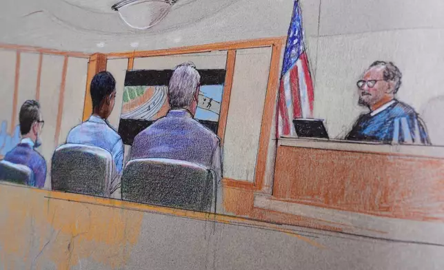 A courtroom sketch, provided by Pat Lopez shows Karmelo Anthony, center, at the defense table, the jury on the left and the presiding judge on the right, on Thursday, June 4, 2026, in McKinney, Texas, during the trial of a teen accused of fatally stabbing another during a track meet in suburban Dallas last year. (Pat Lopez via AP)