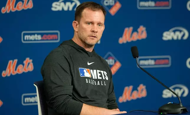 New York Mets interim manager Andy Green speaks during a news conference before a baseball game against the Philadelphia Phillies Friday, June 26, 2026, in New York. (AP Photo/Frank Franklin II)
