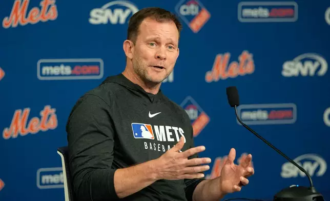 New York Mets interim manager Andy Green speaks during a news conference before a baseball game against the Philadelphia Phillies, Friday, June 26, 2026, in New York. (AP Photo/Frank Franklin II)