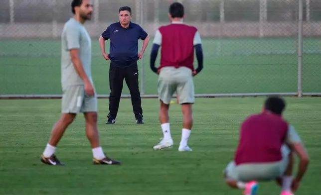 Iran's head coach Amir Ghalenoei attends a training session, in Antalya, southern Turkey, Tuesday, June 2, 2026, ahead of the World Cup soccer tournament. (AP Photo/Khalil Hamra)
