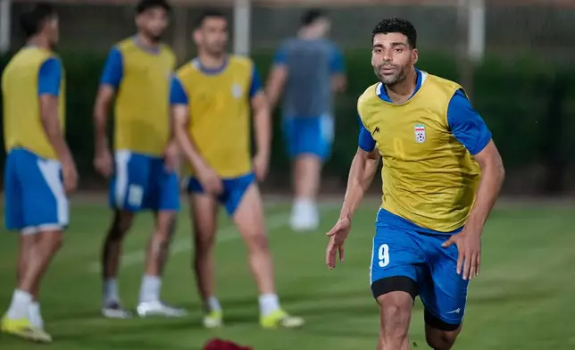 Iran's Mehdi Taremi works out during a training session, in Antalya, southern Turkey, Monday, June 1, 2026. (AP Photo/Khalil Hamra)