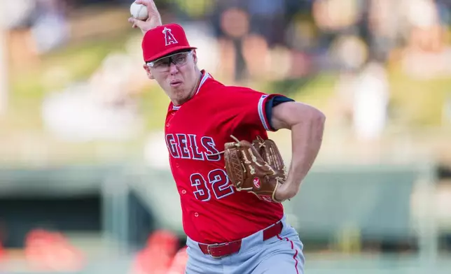 Los Angeles Angels pitcher Ryan Johnson throws during the first inning of a baseball game against the Athletics in West Sacramento, Calif., Thursday, June 18, 2026. (AP Photo/Nic Coury)