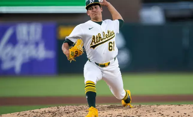 Athletics pitcher Gage Jump (61) throws during the sixth inning of a baseball game against the Los Angeles Angels in West Sacramento, Calif., Thursday, June 18, 2026. (AP Photo/Nic Coury)
