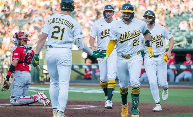 Athletics' Shea Langeliers (23) celebrates with Tyler Soderstrom (21) after hitting a home run during the first inning of a baseball game against the Los Angeles Angels in West Sacramento, Calif., Thursday, June 18, 2026. (AP Photo/Nic Coury)