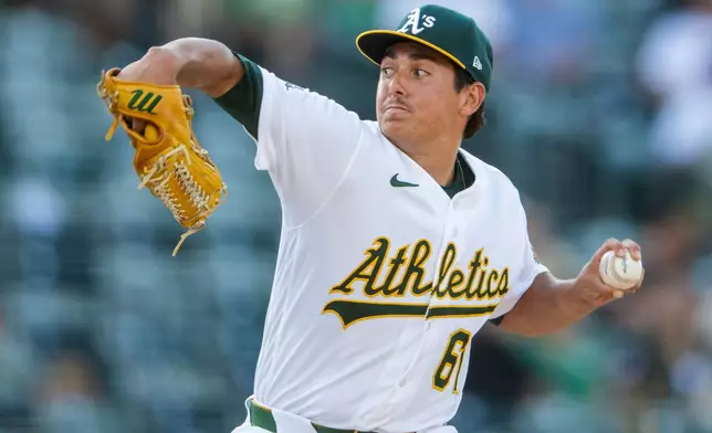 Athletics pitcher Gage Jump throws during the first inning of a baseball game against the Los Angeles Angels in West Sacramento, Calif., Thursday, June 18, 2026. (AP Photo/Nic Coury)