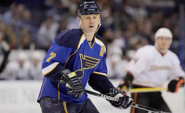 FILE - St. Louis Blues' Keith Tkachuk skates during the first period of an NHL hockey against the Anaheim Ducks game, April 9, 2010, in St. Louis. (AP Photo/Jeff Roberson, File)