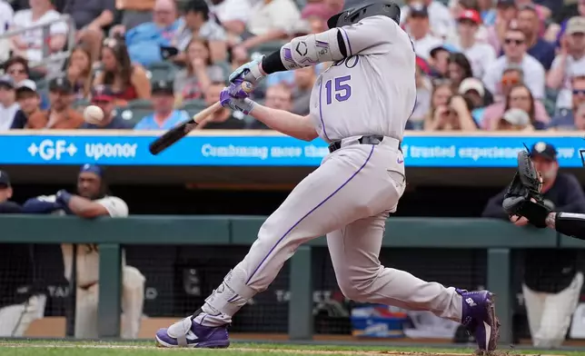 Colorado Rockies' Hunter Goodman hits a solo home run against the Minnesota Twins in the first inning of a baseball game Saturday, June 27, 2026, in Minneapolis. (AP Photo/Bruce Kluckhohn)