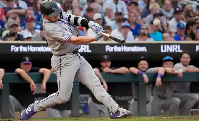 Colorado Rockies' Hunter Goodman hits a three-run home run against the Minnesota Twins in the seventh inning of a baseball game Saturday, June 27, 2026, in Minneapolis. (AP Photo/Bruce Kluckhohn)