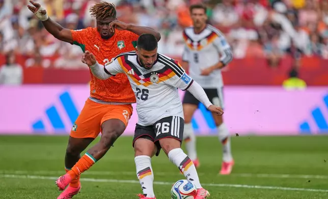 Germany's Deniz Undav scores their second goal during the World Cup Group E soccer match between Germany and Ivory Coast in Toronto, Saturday, June 20, 2026. (AP Photo/Stephanie Scarbrough)