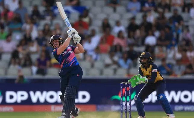 Scotland's Ailsa Lister bats during the ICC Women's T20 World Cup match at Emirates Old Trafford in Manchester, England, on Friday June 26, 2026. (Nigel French/PA via AP)