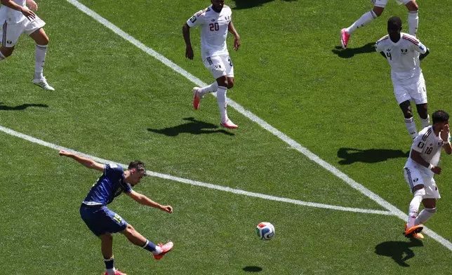 Bosnia's Kerim Alajbegovic (19) scores during the World Cup Group B soccer match between Bosnia and Qatar in Seattle, Wednesday, June 24, 2026. (AP Photo/Maddy Grassy)
