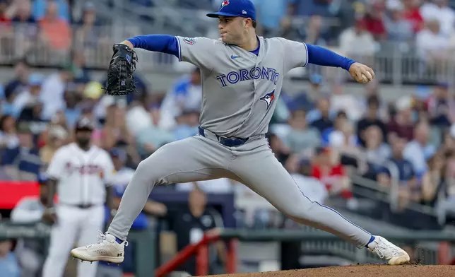 Toronto Blue Jays pitcher Mason Fluharty delivers to an Atlanta Braves batter during the first inning of a baseball game, Thursday, June 4, 2026, in Atlanta. (AP Photo/Erik S. Lesser)