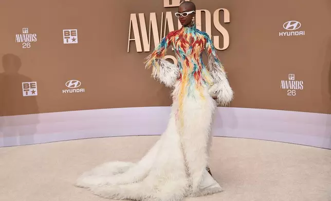 Madisin Rian arrives at the BET Awards on Sunday, June 28, 2026, at the Peacock Theater in Los Angeles. (Photo by Richard Shotwell/Invision/AP)